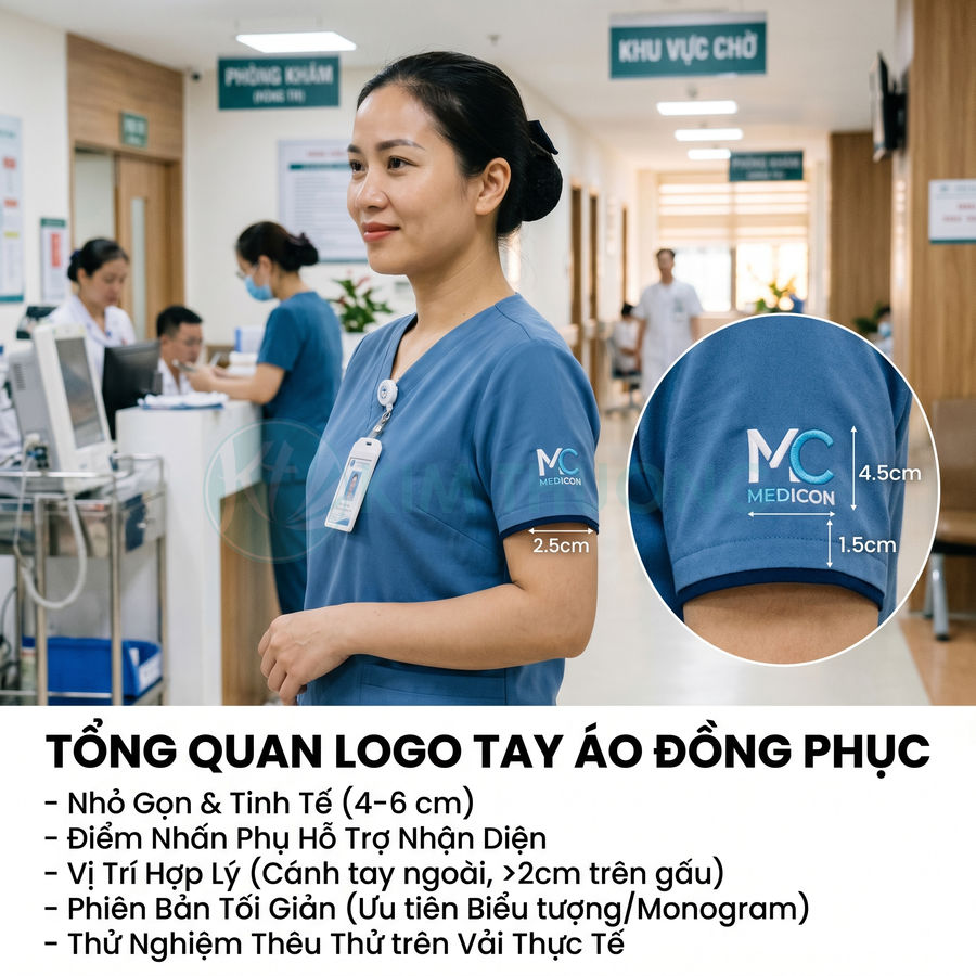 Đồng phục y tá màu xanh in logo MC Medicon trên tay áo trong môi trường bệnh viện