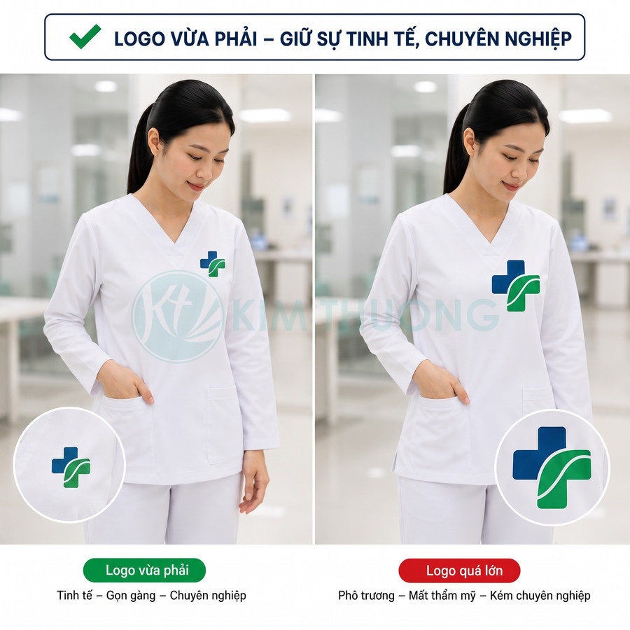 Đồng phục y tá trắng với logo bệnh viện kích thước vừa phải trên ngực trái, thiết kế tinh tế chuyên nghiệp