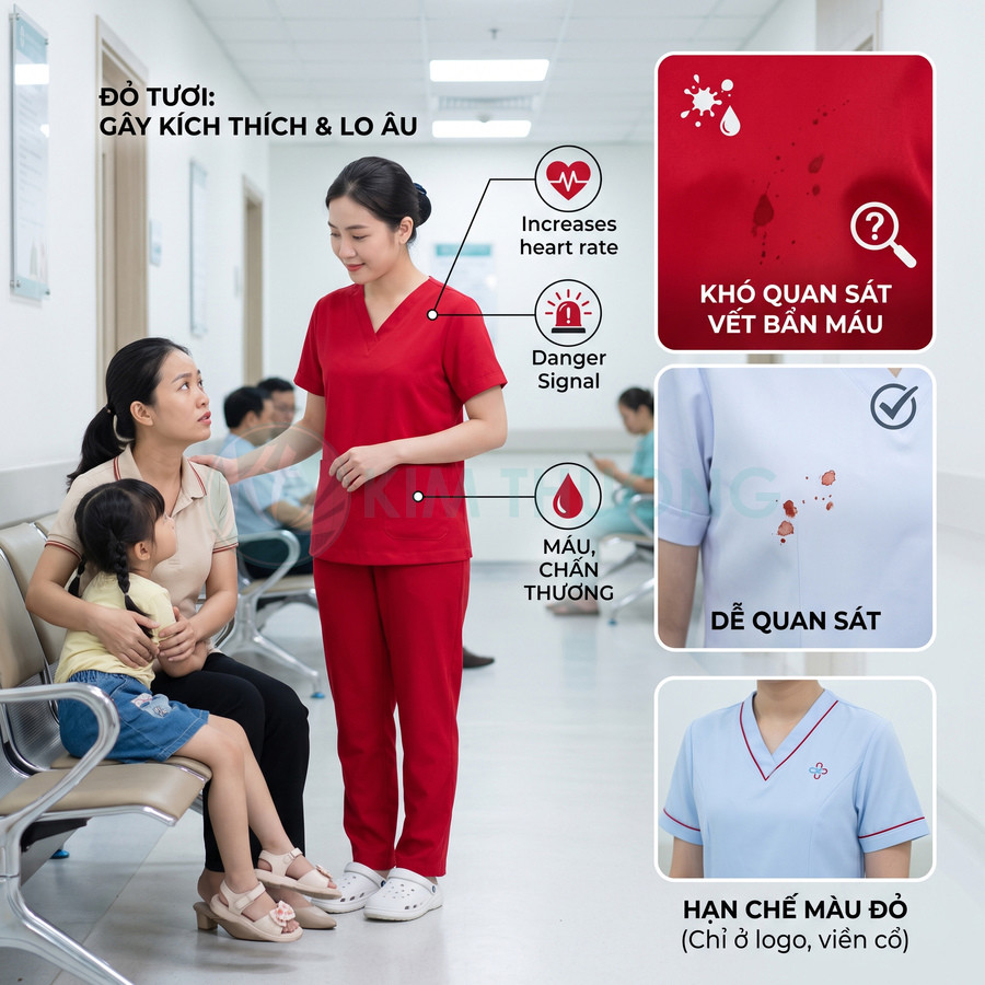 Đồng phục y tá màu đỏ và xanh nhạt so sánh khả năng quan sát vết máu trong bệnh viện