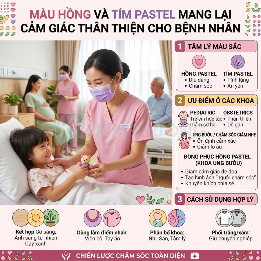 Điều dưỡng mặc đồng phục hồng pastel chăm sóc bé gái trên giường bệnh trong phòng bệnh viện thân thiện