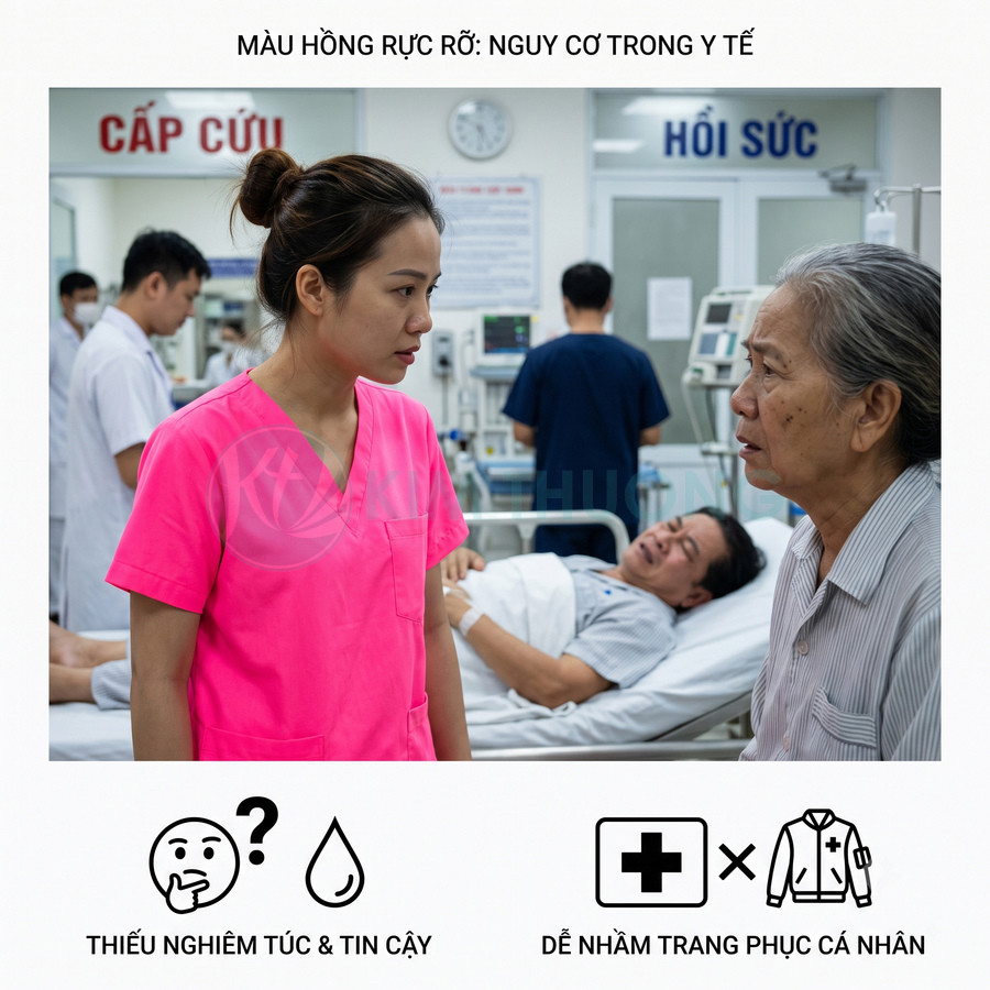 Nữ y tá mặc đồng phục y tế màu hồng rực rỡ trao đổi với người nhà bệnh nhân trong phòng cấp cứu