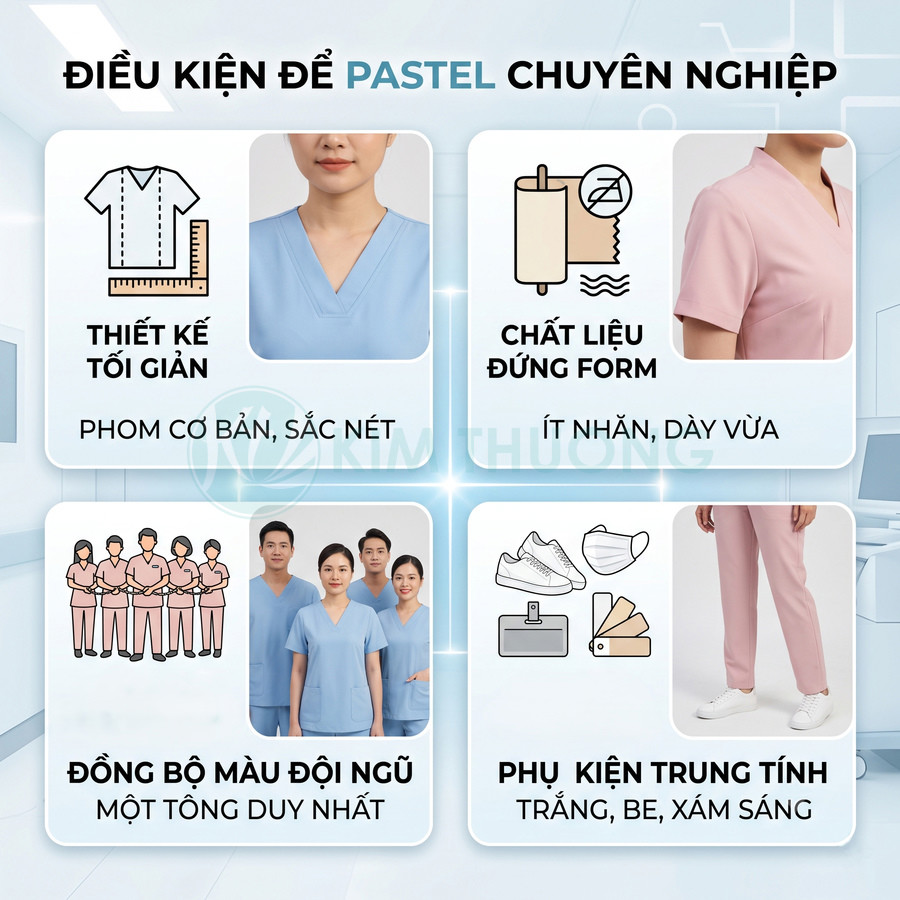 Đồng phục y tá màu pastel thiết kế tối giản, chất liệu đứng form, phối phụ kiện trung tính trắng be xám