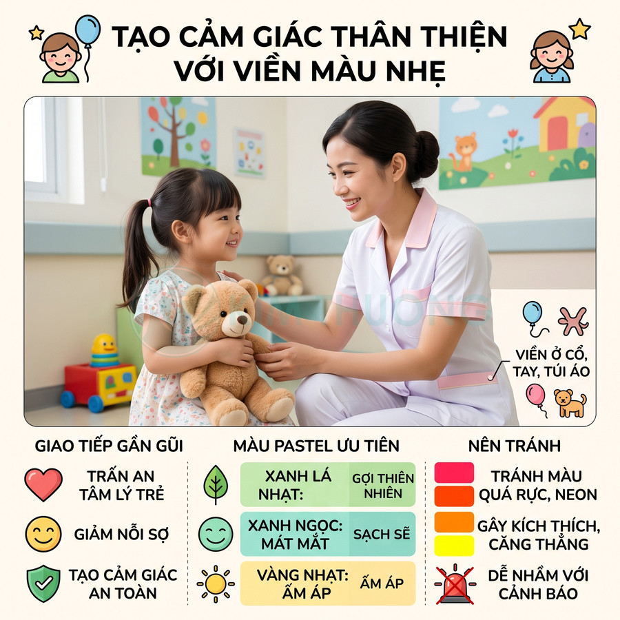 Đồng phục y tá viền màu pastel nhẹ nhàng giúp tạo cảm giác thân thiện, an toàn cho trẻ em trong phòng khám