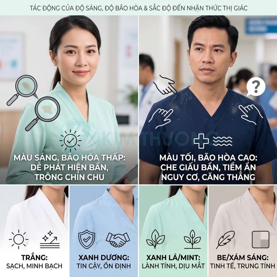 Đồng phục y tá nhiều màu sắc với chú thích ý nghĩa tâm lý của từng màu trong môi trường y tế