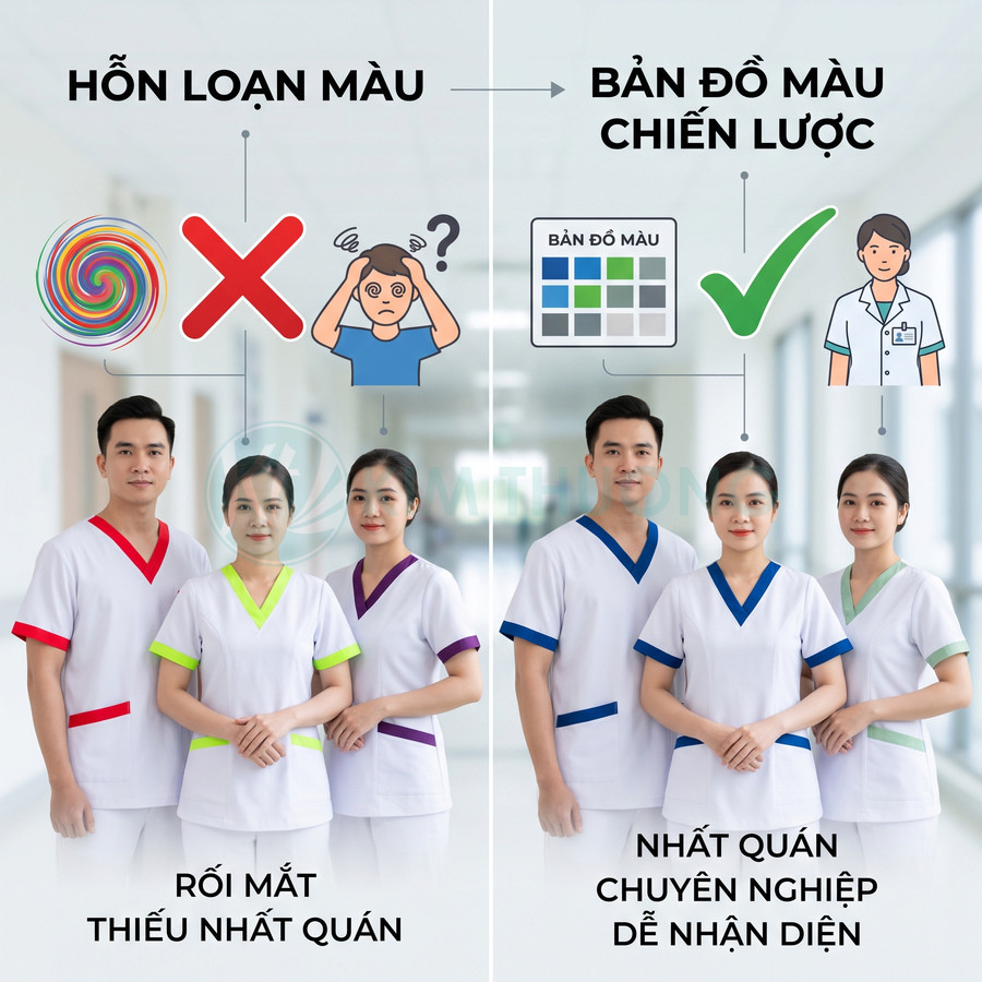 Đồng phục y tá màu sắc đồng bộ giúp nhận diện chuyên nghiệp so với trang phục phối màu lộn xộn