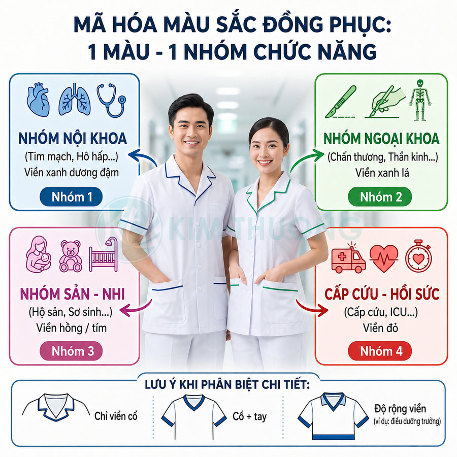 Bộ đồng phục y tá bác sĩ màu trắng viền xanh dương và xanh lá, phân nhóm màu sắc cho từng chuyên khoa trong bệnh viện