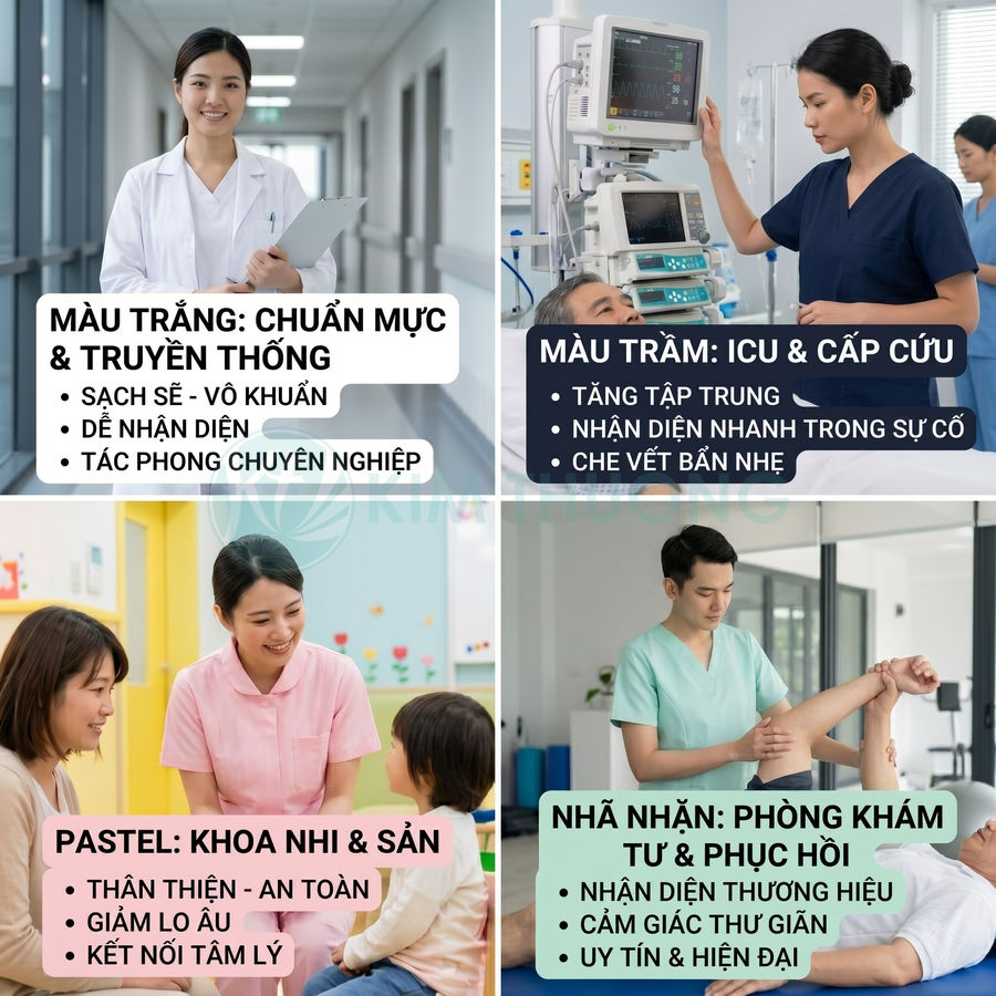 Các mẫu đồng phục y tá với màu trắng, xanh đậm, hồng pastel và xanh nhạt cho từng khoa trong bệnh viện