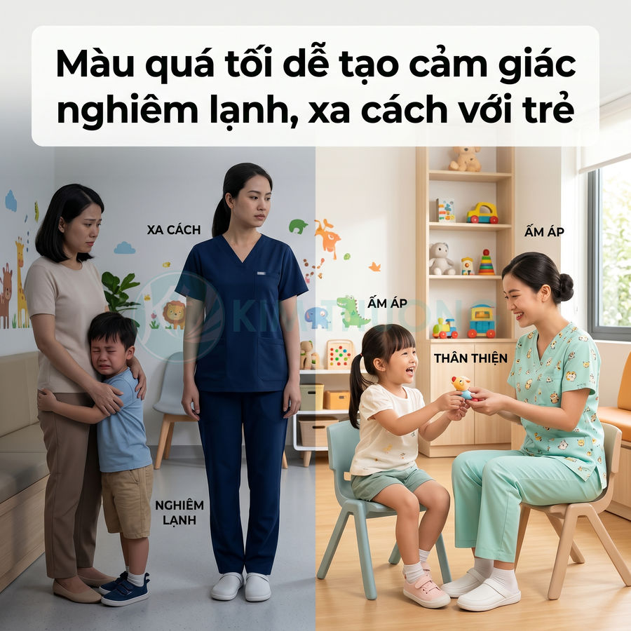 So sánh đồng phục y tá màu tối và màu sáng trong phòng khám nhi, bé khóc khi gặp màu tối và vui vẻ với màu sáng