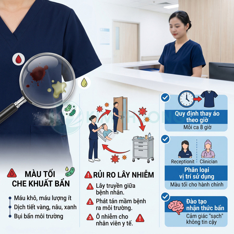 Đồng phục y tá màu xanh đậm trong bệnh viện với minh họa nguy cơ lây nhiễm và quy định thay áo bảo hộ