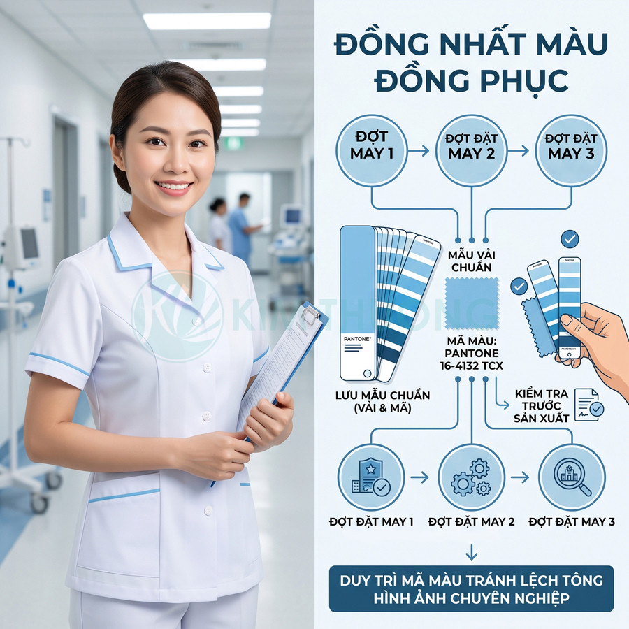 Nữ y tá mặc đồng phục y tế trắng viền xanh cầm bảng hồ sơ trong bệnh viện, minh họa quy trình chuẩn hóa màu vải