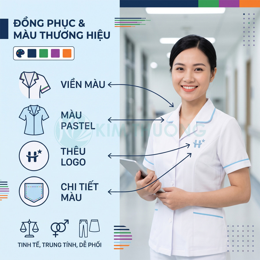 Nữ y tá mặc đồng phục y tế trắng viền xanh pastel cầm máy tính bảng trong hành lang bệnh viện