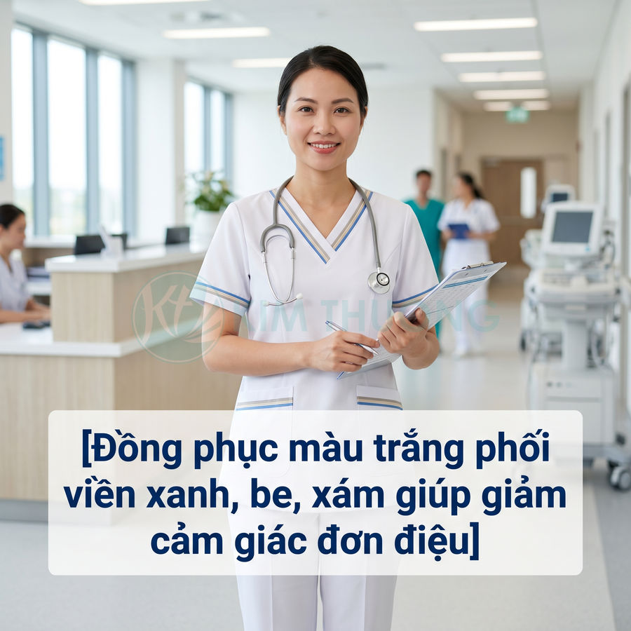 Nữ y tá mặc đồng phục y tế màu trắng viền xanh be xám cầm hồ sơ trong bệnh viện