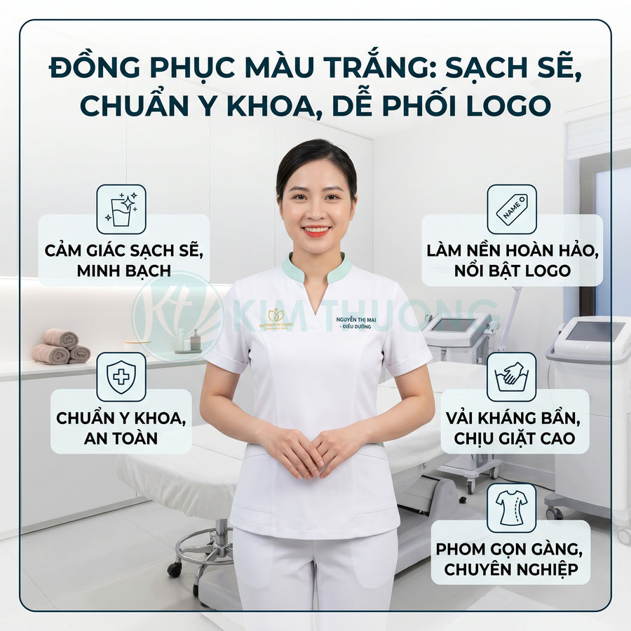 Nữ điều dưỡng mặc đồng phục y tế màu trắng sạch sẽ trong phòng khám hiện đại