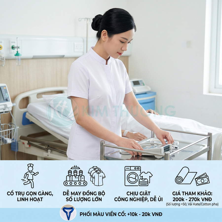 Đồng phục y tá nữ màu trắng cổ trụ gọn gàng trong phòng bệnh viện hiện đại