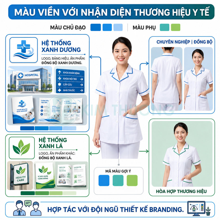 Đồng phục y tá nữ màu trắng viền xanh dương và xanh lá, thiết kế tay ngắn cổ bẻ chuyên nghiệp