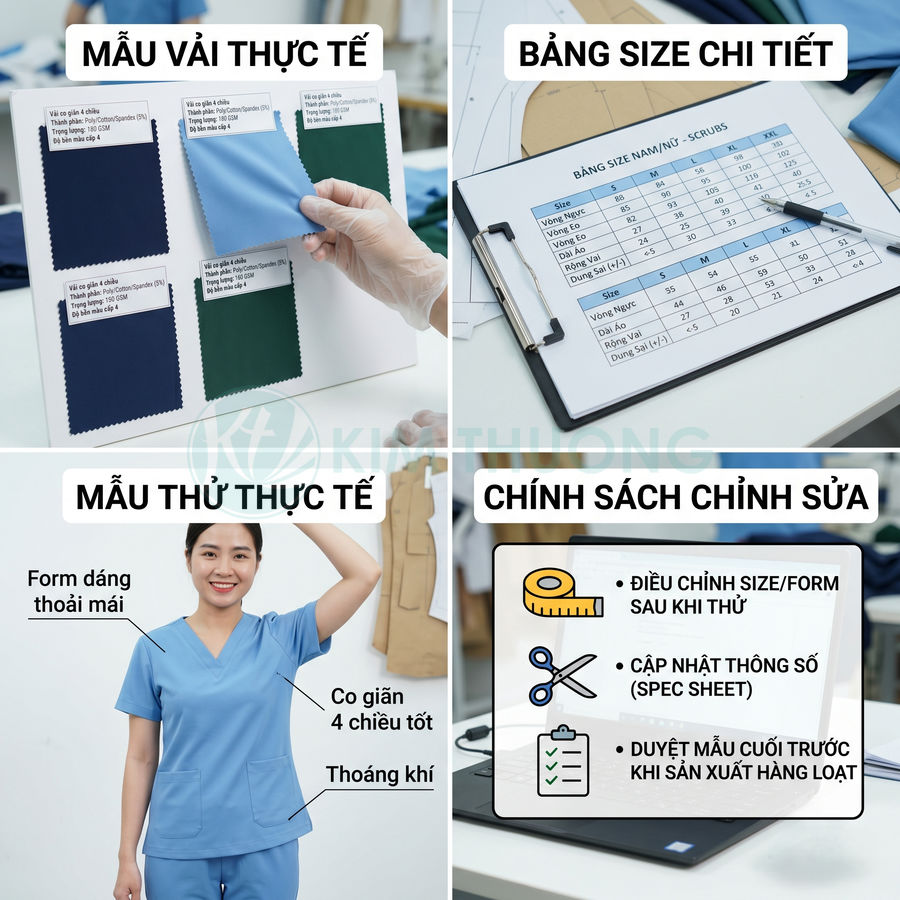 Đồng phục y tá màu xanh kèm bảng size chi tiết, mẫu vải thực tế và chính sách chỉnh sửa sau khi thử