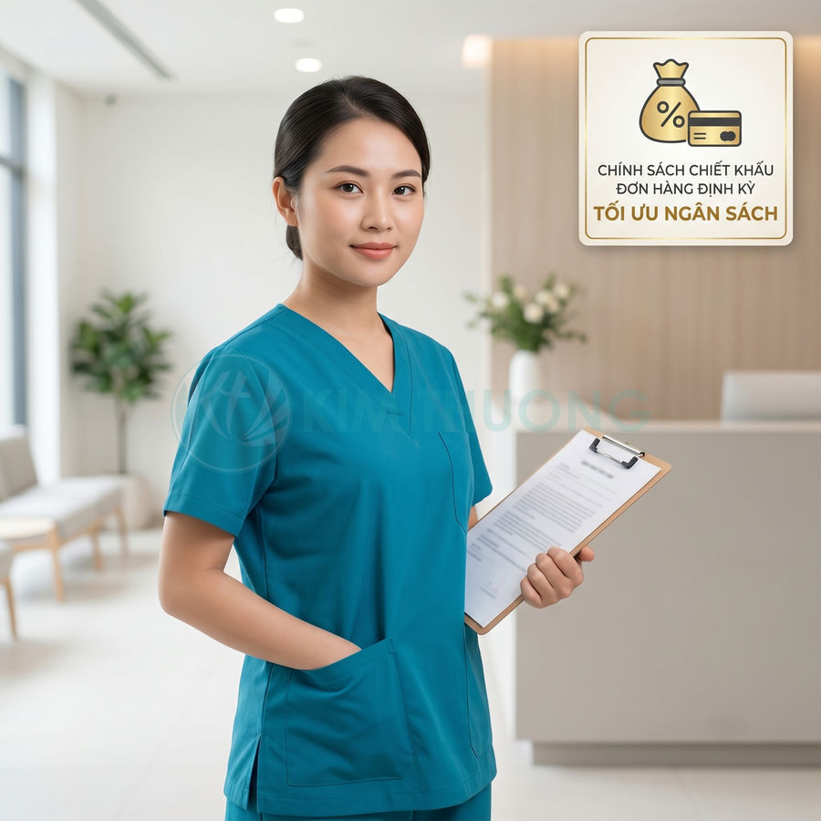 Đồng phục y tá màu xanh dương tay ngắn, cổ tim, chất liệu thoáng mát cho nhân viên y tế
