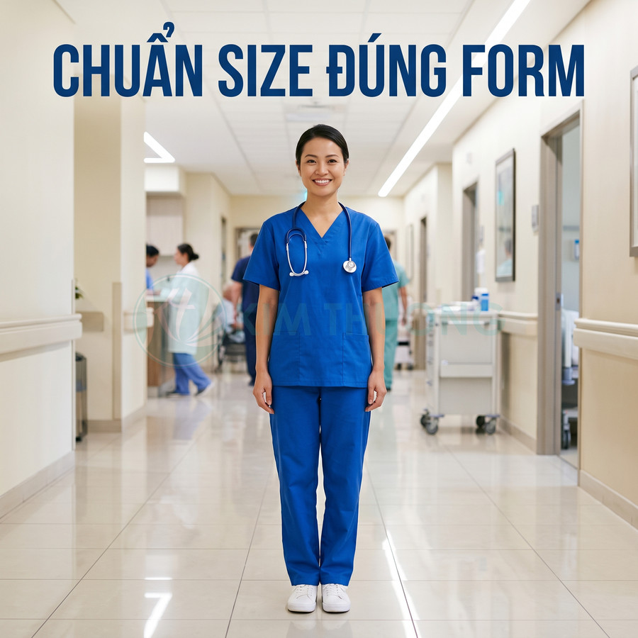 Đồng phục y tá màu xanh dương chuẩn form, đứng trong hành lang bệnh viện với ống nghe trên cổ
