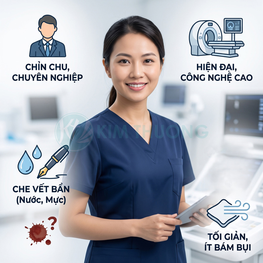 Đồng phục y tá màu xanh navy cao cấp, chống bám bẩn, ít bám bụi, phù hợp môi trường y tế hiện đại