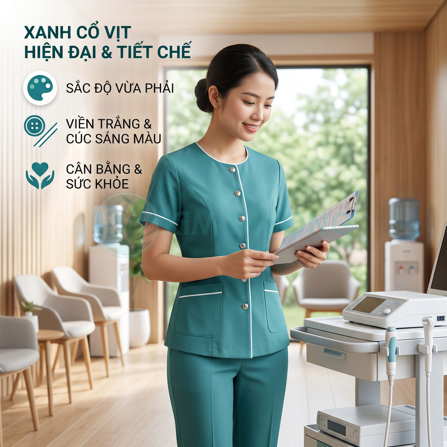 Đồng phục y tá màu xanh cổ vịt hiện đại với viền trắng, chất liệu đứng dáng trong phòng khám sáng sủa