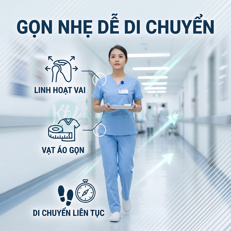 Đồng phục y tá màu xanh nhạt linh hoạt, gọn nhẹ giúp di chuyển dễ dàng trong hành lang bệnh viện