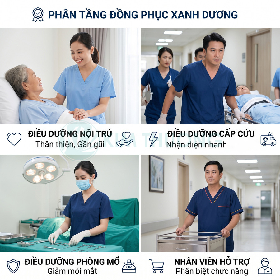 Nhân viên y tế mặc đồng phục y tá màu xanh dương làm việc tại bệnh viện hiện đại