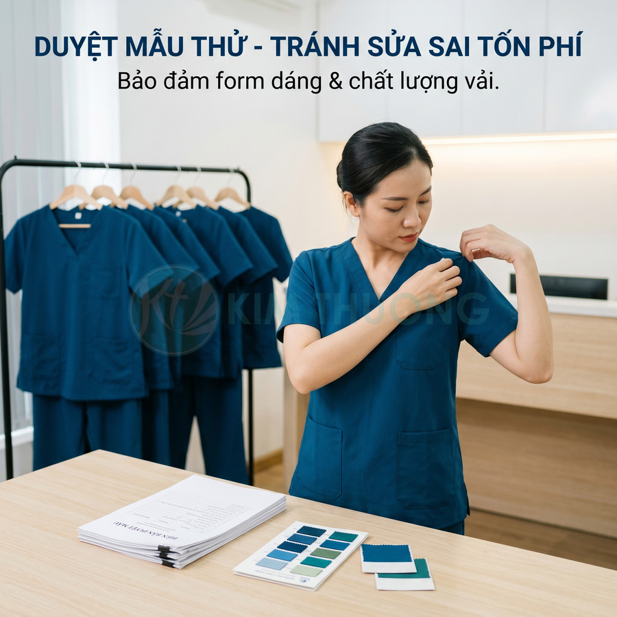 Nhân viên thử bộ đồng phục y tế màu xanh dương, kiểm tra form dáng và chất liệu vải trong phòng làm việc