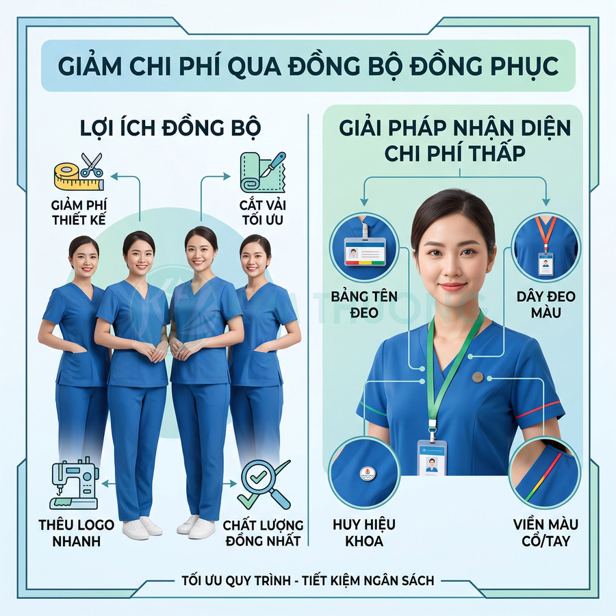 Đồng phục y tá màu xanh dương đồng bộ với bảng tên đeo, dây đeo màu và huy hiệu nhận diện chi phí thấp