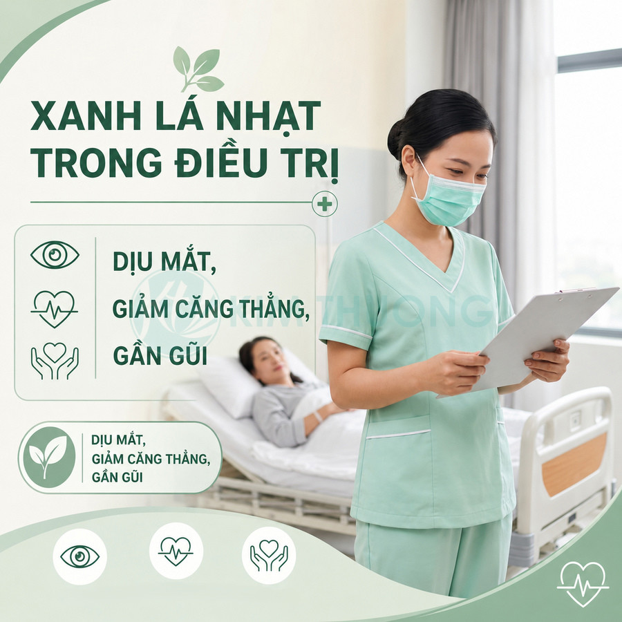 Đồng phục y tá màu xanh lá nhạt trong phòng bệnh, tạo cảm giác dịu mắt và giảm căng thẳng cho bệnh nhân