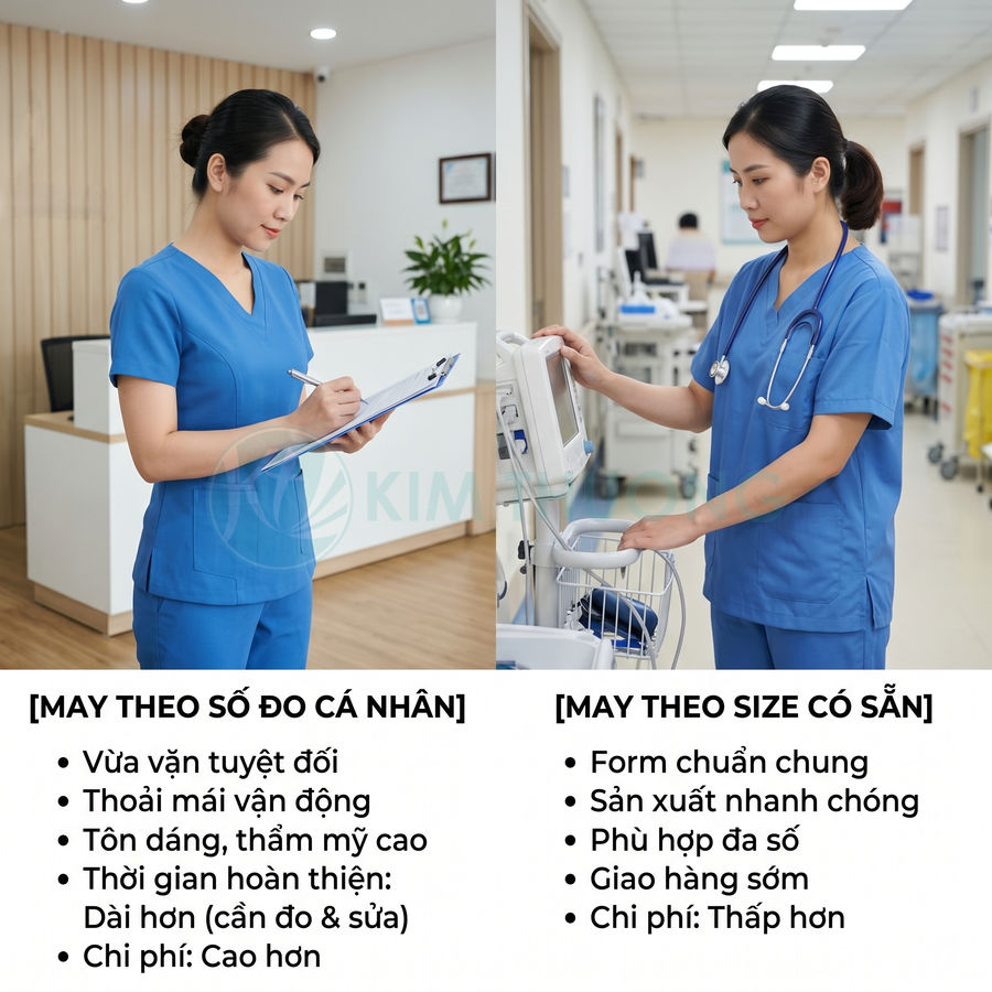 Đồng phục y tá màu xanh dương may đo theo số đo cá nhân và may theo size có sẵn trong bệnh viện