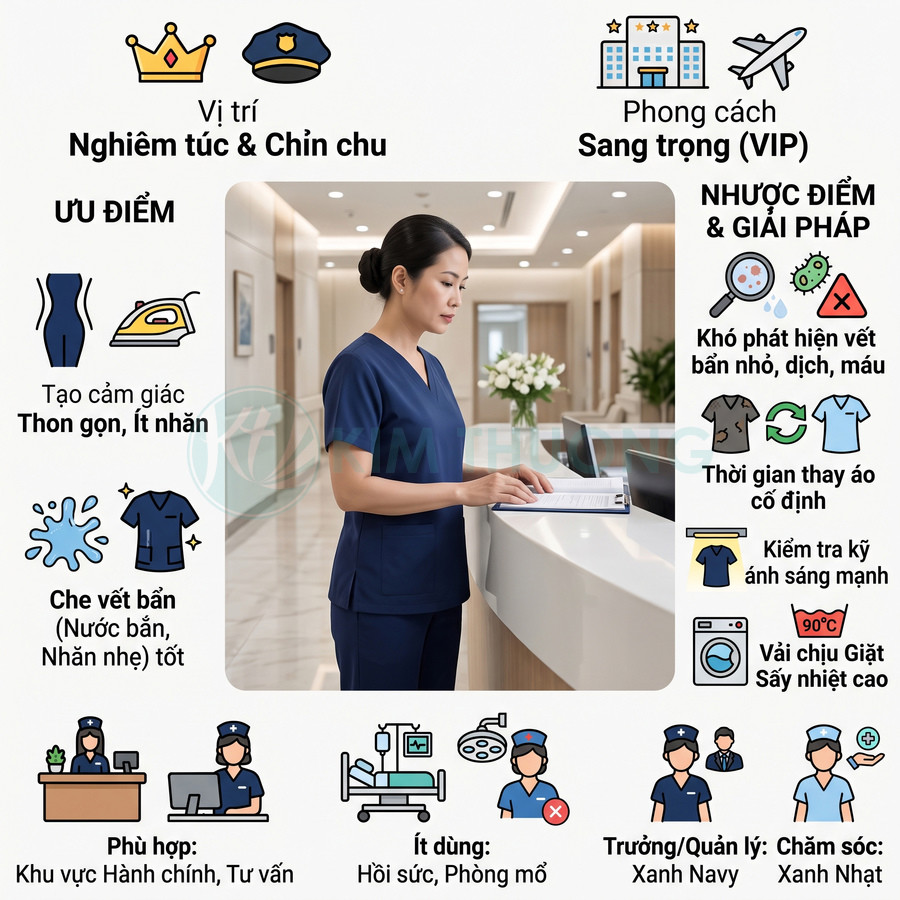 Đồng phục y tá màu xanh navy sang trọng, đứng tại quầy lễ tân bệnh viện, phù hợp vị trí hành chính tư vấn