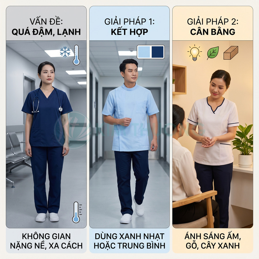 So sánh đồng phục y tá màu xanh đậm, xanh nhạt và trắng trong các không gian bệnh viện khác nhau