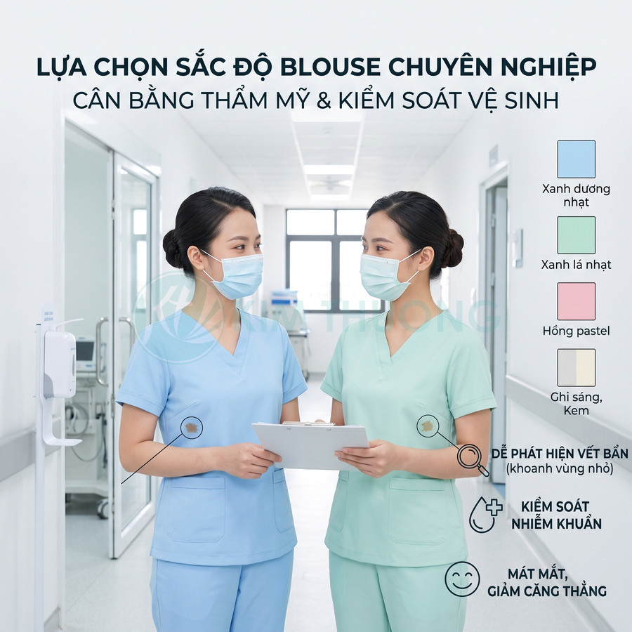 Hai nữ y tá mặc đồng phục blouse màu xanh pastel đeo khẩu trang trao đổi hồ sơ trong hành lang bệnh viện