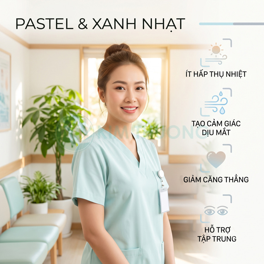 Đồng phục y tá màu xanh pastel nhạt, chất liệu mát nhẹ, tạo cảm giác dịu mắt và giảm căng thẳng