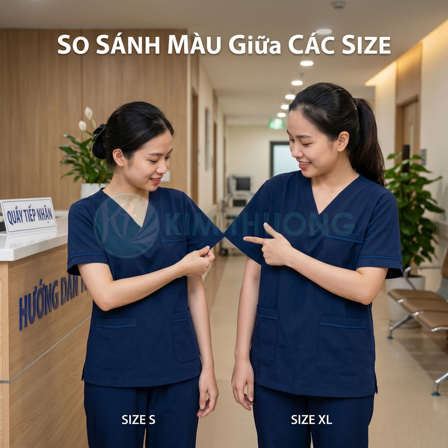 Hai nữ nhân viên y tế mặc đồng phục scrub xanh navy size S và XL đứng trong hành lang bệnh viện