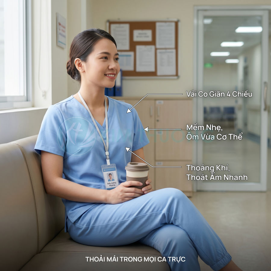 Đồng phục y tá màu xanh chất liệu co giãn 4 chiều, mềm nhẹ, thoáng khí, giúp thoải mái trong ca trực