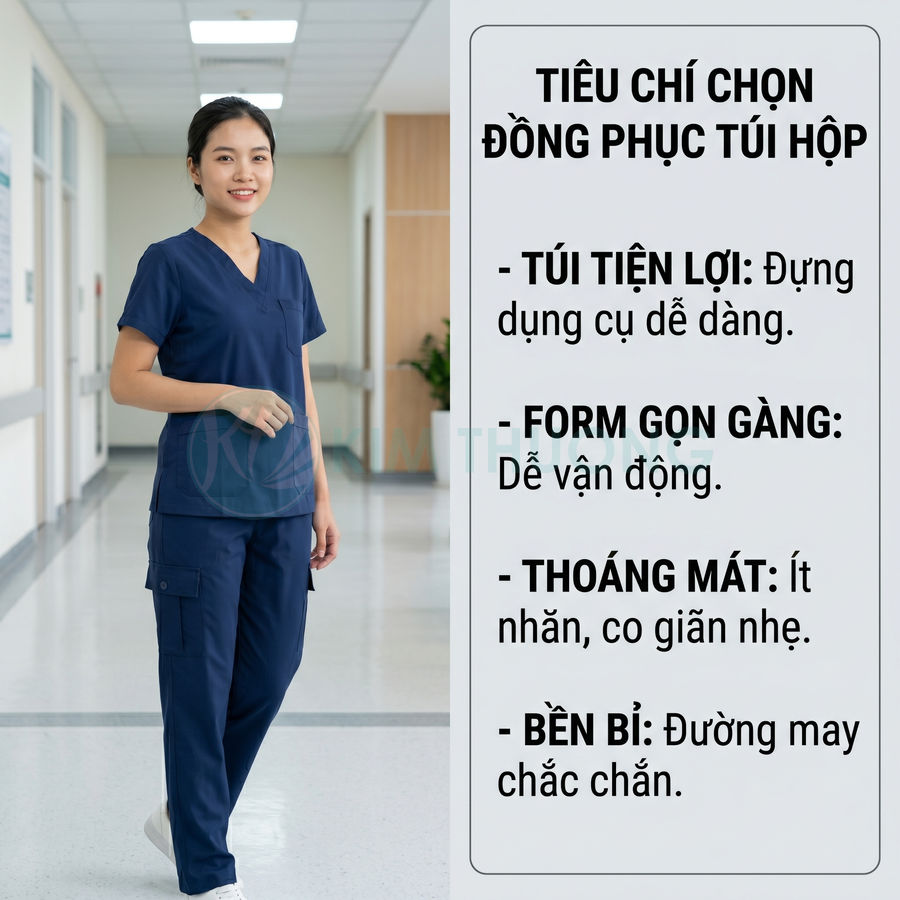 Đồng phục y tá màu xanh navy túi hộp, form gọn gàng thoáng mát, đường may chắc chắn trong hành lang bệnh viện