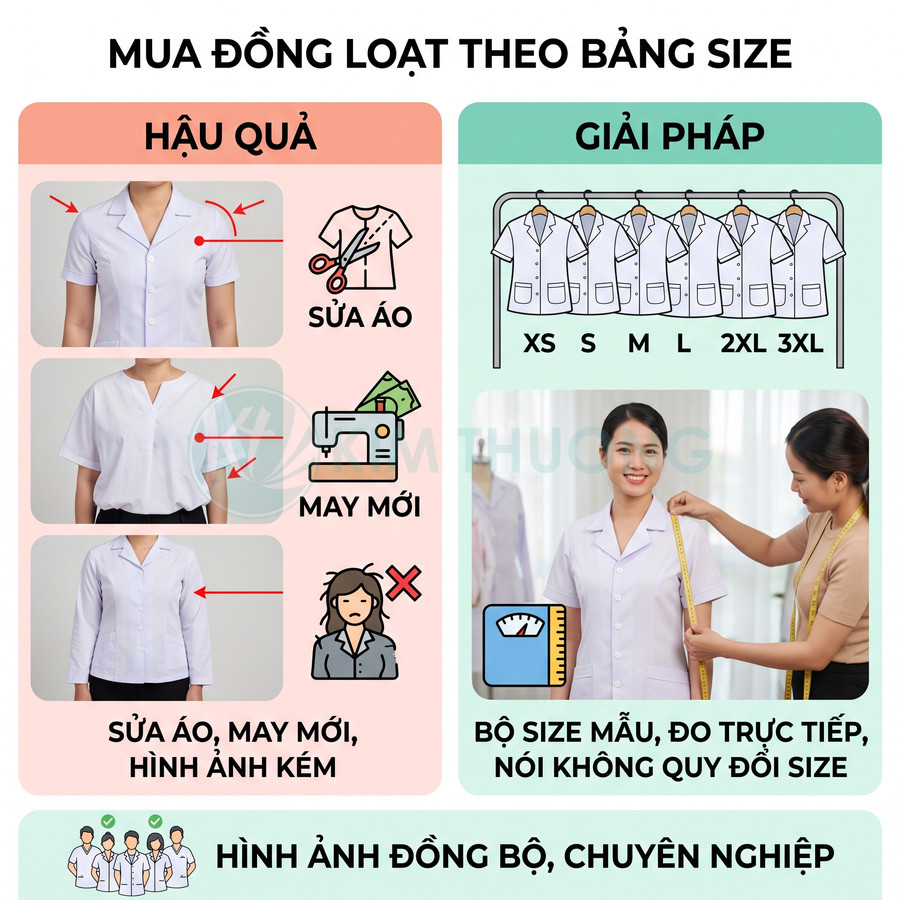 Bộ đồng phục áo blouse y tá nữ với bảng size đa dạng và dịch vụ đo trực tiếp giúp form áo chuẩn đẹp