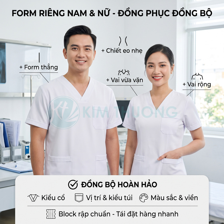 Đồng phục y tá nam nữ màu trắng cổ tim tay ngắn form riêng cho nam và nữ thương hiệu Kim Thương