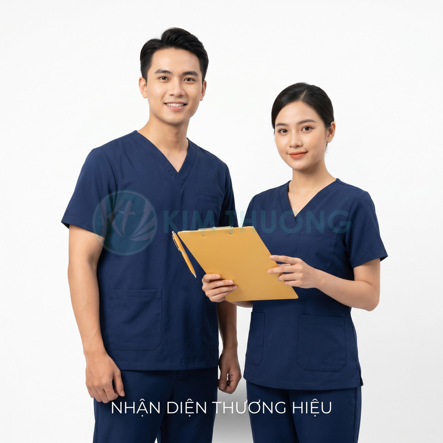 Đồng phục y tá màu xanh navy tay ngắn cho nam nữ, cổ tim, chất liệu vải đứng form, phù hợp bệnh viện phòng khám