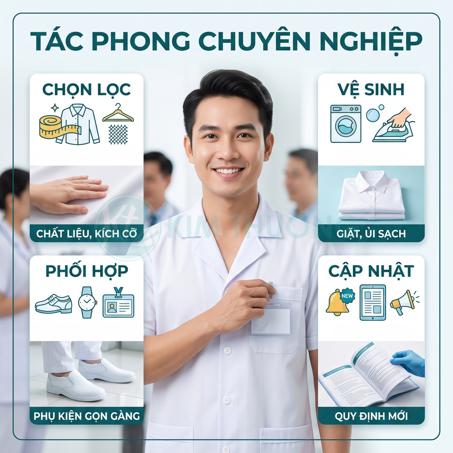 Nhân viên y tế mặc đồng phục blouse trắng sạch sẽ, cầm thẻ tên, thể hiện tác phong chuyên nghiệp