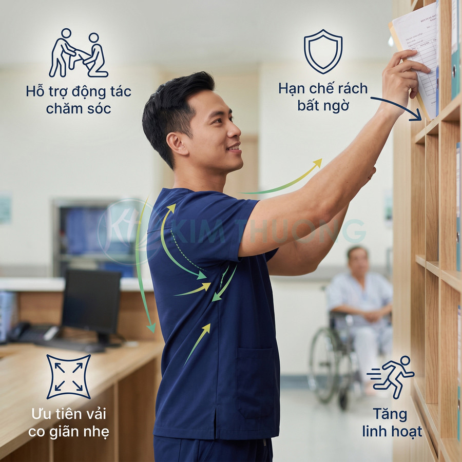 Đồng phục y tá nam màu xanh navy co giãn nhẹ, hỗ trợ vận động linh hoạt trong bệnh viện
