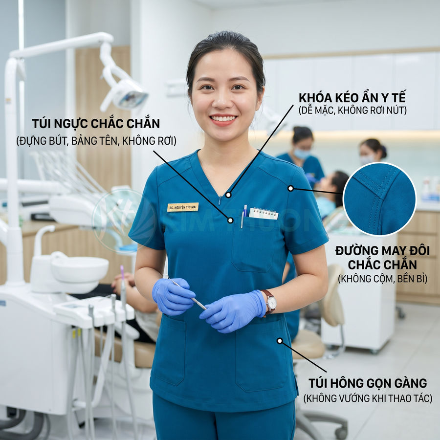 Đồng phục y tá màu xanh dương với túi ngực, túi hông tiện dụng và đường may chắc chắn trong phòng khám nha khoa