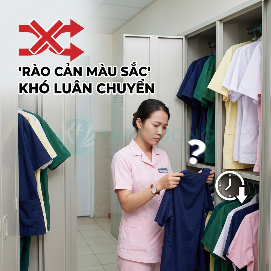 Nữ nhân viên y tế bối rối chọn áo đồng phục nhiều màu trong tủ đồ bệnh viện