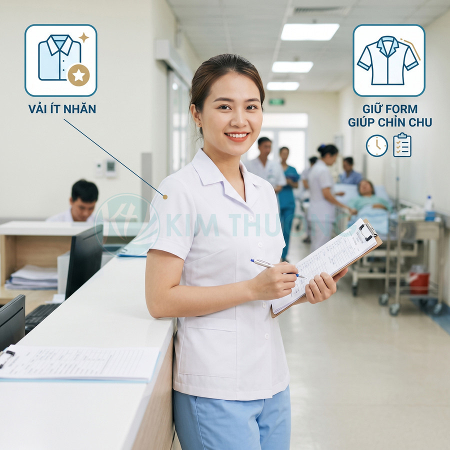 Nữ y tá mặc đồng phục y tế trắng xanh vải ít nhăn giữ form, đứng ghi chép trong bệnh viện