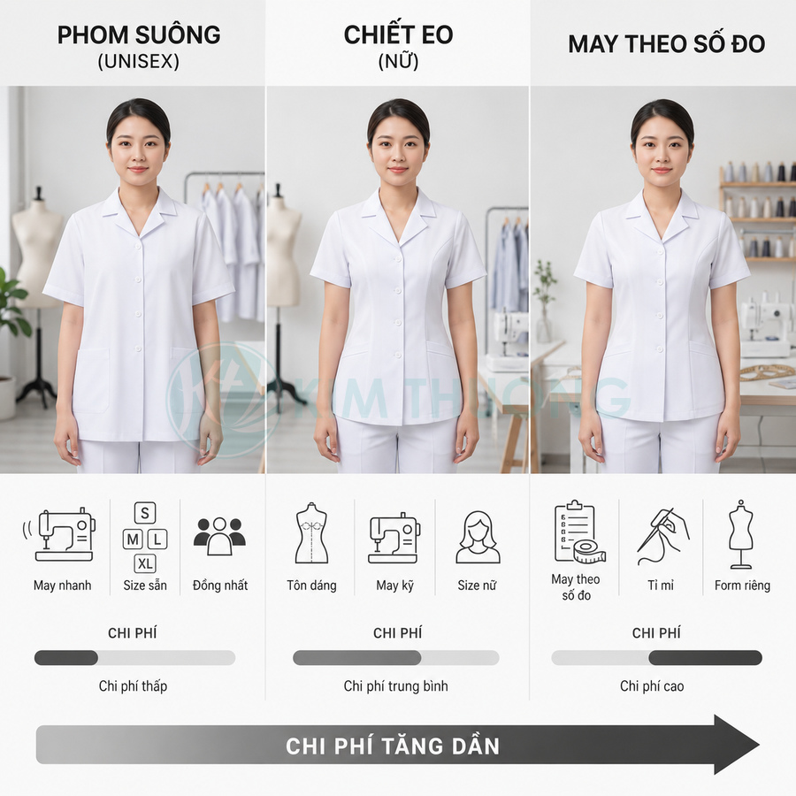 So sánh ba kiểu đồng phục y tá nữ màu trắng: phom suông unisex, chiết eo nữ và may đo theo số đo