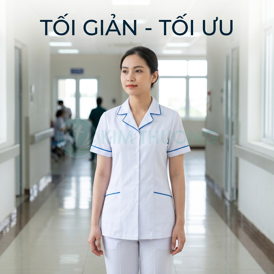 Đồng phục y tá nữ màu trắng viền xanh đơn giản tối ưu trong hành lang bệnh viện