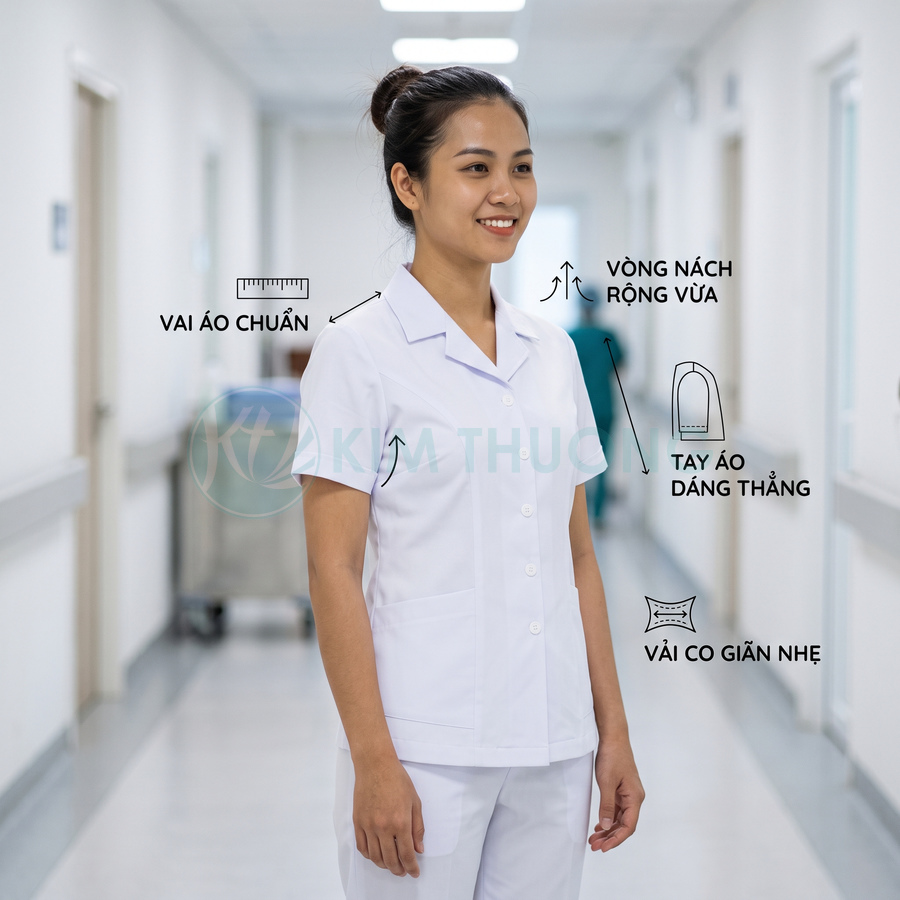 Nữ y tá mặc đồng phục y tế trắng tay ngắn vải co giãn nhẹ đứng trong hành lang bệnh viện