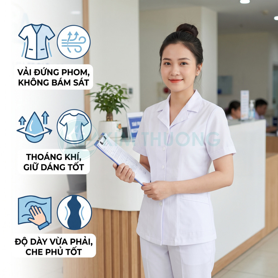 Đồng phục y tá nữ màu trắng vải đứng phom, thoáng khí, độ dày vừa phải che phủ tốt