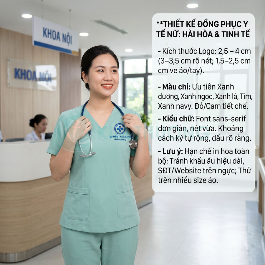 Nữ điều dưỡng mặc đồng phục y tế màu xanh ngọc cầm ống nghe tại quầy tiếp nhận khoa nội bệnh viện